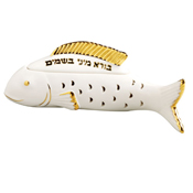 Gold and White Porcelain Fish Besomim Spice Box