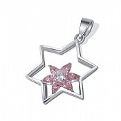 Sterling Silver Star of David Pendant - Pink Stone Flower