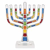 Multi Jeweled Mosaic Kenesset Style Aluminum Menorah
