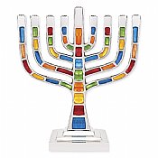 Multi Jeweled Mosaic Kenesset Style Aluminum Menorah