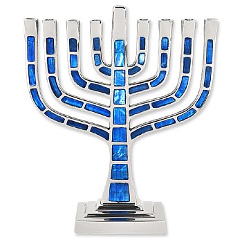 Blue Jeweled Mosaic Kenesset Style Aluminum Menorah