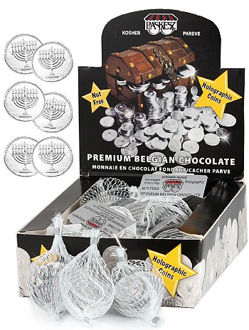 Nut Free Dark Parve Hanukkah Gelt Coins - 24 Sacks in Display Box