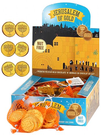 Chanukah Milk-Chocolate Coins in Sacks - Display with 24 Sacks 