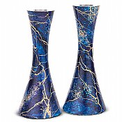 Modern Marbleized Metal Candlesticks - Blue Burst