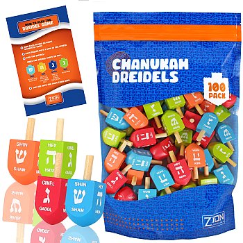 100 Pack Colored Wood Dreidels - ZipLock Bag