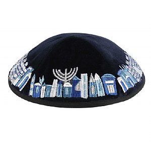 Embroidered Velvet Kippah w/Optional Imprint - Jerusalem on Blue