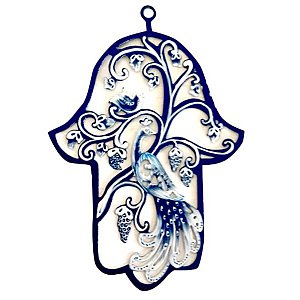 Petite Hand Decorated Hamsa by Glushka Israel - Peacok