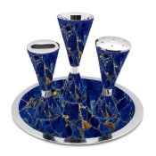 4 Piece Nickel Plate Havdallah Set with Decal Decor - Blue