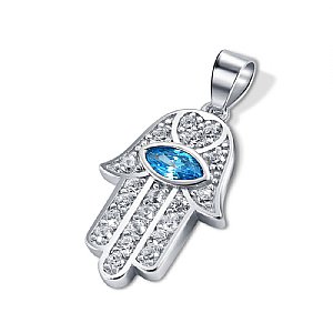 Sterling Silver Hamsa with Sapphire Evil Eye Stone