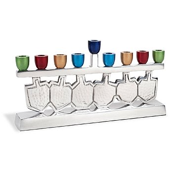 Dancing Dreidels Menorah with Multi-Colored Anodized Cups