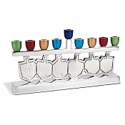 Dancing Dreidels Menorah with Multi-Colored Anodized Cups