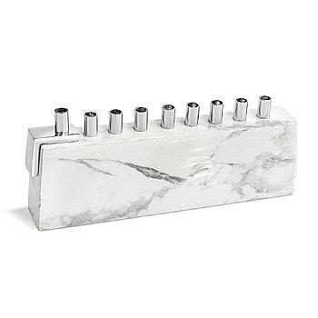 Aluminum Menorah with Marble Decal - White/Silver