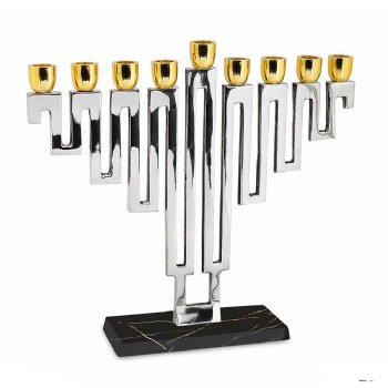 Nickel Plated Modern Maze Menorah with Marble Decal Base