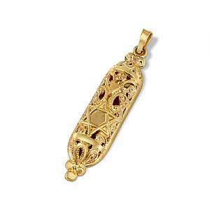 14K Gold Ornate Mezuzah Pendant