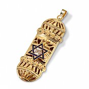14K Gold Mezuzah Pendant W/Blue Zion Star