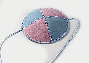 Suede Baby or Toddler Kippah with Straps - Light Blue/Pink