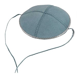 Suede Baby or Toddler Kippah w/Straps - Light Blue/Silver Trim