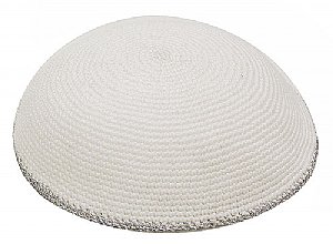 Knit Kippot - White with Silver Trim