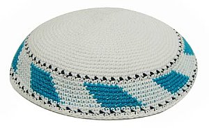 Knit Kippot - White with Teal/Turquoise