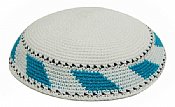 Knit Kippot - White with Teal/Turquoise