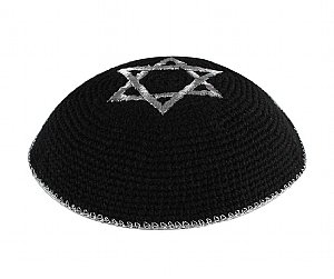 Quality Knitted Kippot - Black with Silver Star and Rim