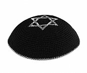 Quality Knitted Kippot - Black with Silver Star and Rim