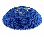 Quality Knitted Kippot - Royal Blue with Silver Star and Rim