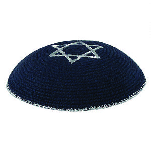 Quality Knitted Kippot - Navy with Silver Star and Rim